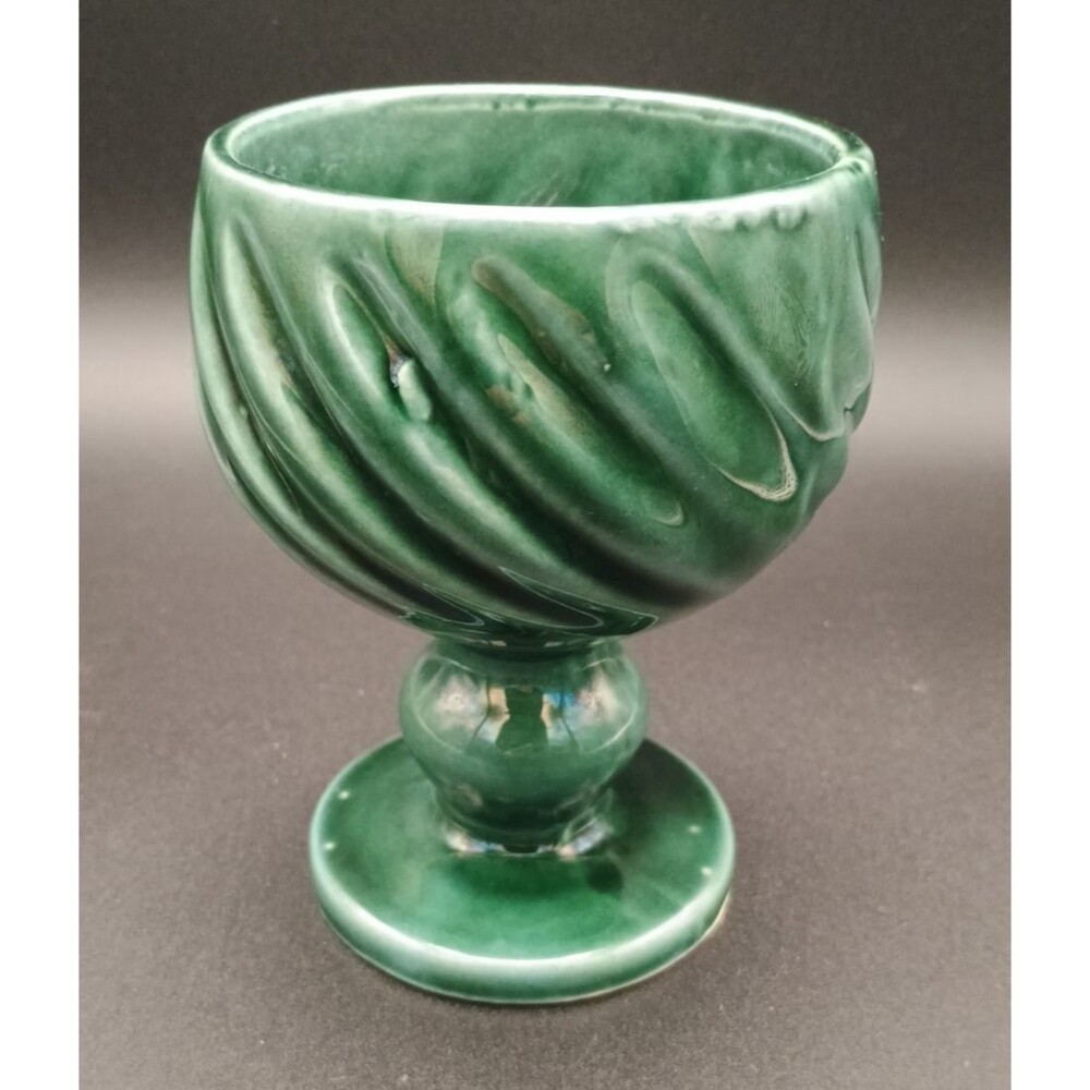 Hull USA Pottery Pedestal Goblet Green Imperial Swirl Drip Glaze Vtg F5